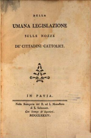 Della umana Legislazione sulle nozze de'cittadini cattolici