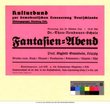Originaltitel: Fantasien-Abend Prof. Sigfrid Grundeis, Leipzig Werke von: Bach, Mozart, Beethoven, Schumann, Chopin, Liszt