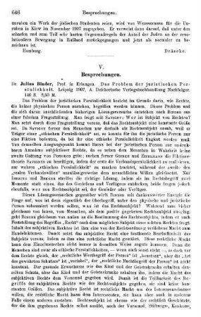 646-648, Julius Binder. Das Problem der juristischen Persönlichkeit. 1907