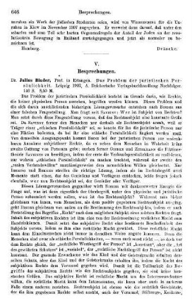 646-648, Julius Binder. Das Problem der juristischen Persönlichkeit. 1907