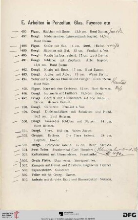E. Arbeiten in Porzellan, Glas, Fayence etc. (Nr. 486-621)