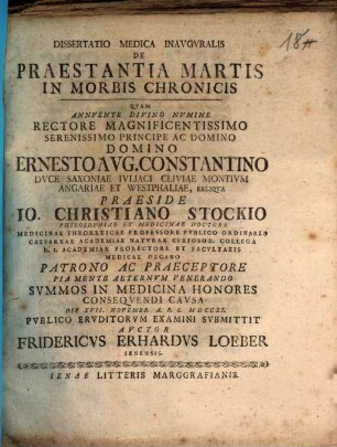 Dissertatio Medica Inavgvralis De Praestantia Martis In Morbis Chronicis