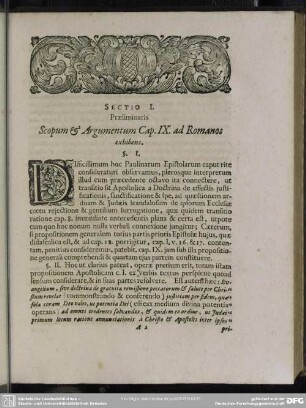 Sectio I. Praeliminaris Scopum & Argumentum Cap. IX. ad Romanos exhibens