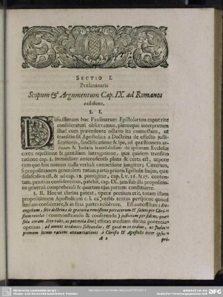 Sectio I. Praeliminaris Scopum & Argumentum Cap. IX. ad Romanos exhibens