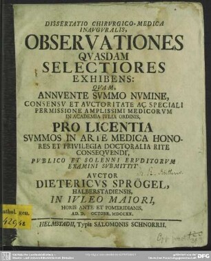 Dissertatio Chirurgico-Medica Inauguralis, Observationes Quasdam Selectiores Exhibens