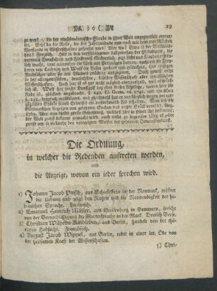 Die Ordnung, in welcher die Redenden auftreten werden, und die Anzeige, wovon ein ieder sprechen wird