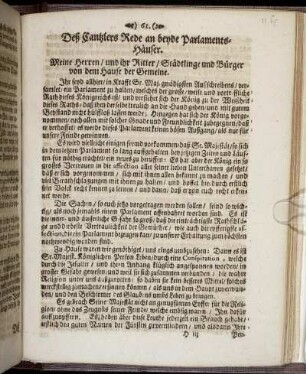 Deß Cantzlers Rede an beyde Parlaments-Häuser.