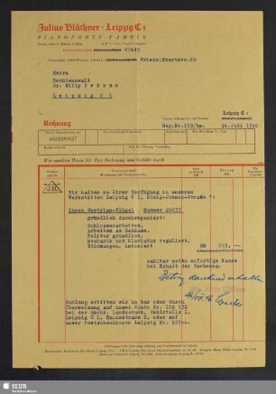 Julius Blüthner, Leipzig C, Pianoforte-Fabrik : Rechnung
