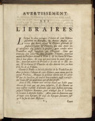 Avertissement des Libraires.