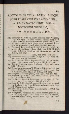 63-68, Auctores Graeci et Latini Aliique Scriptores cum Collationibus, et Emendationibus MSStis Doctorum Virorum, in Duodecimo