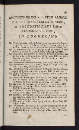 63-68, Auctores Graeci et Latini Aliique Scriptores cum Collationibus, et Emendationibus MSStis Doctorum Virorum, in Duodecimo