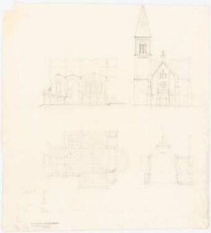 Kirche mit 657 Plätzen: Grundriss Erdgeschoss, Aufriss Eingangsseite, Längsschnitt, Querschnitt, mehrere Berechnungen