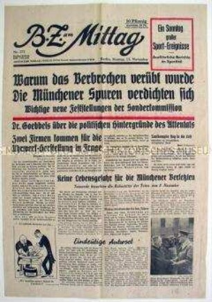 Fragment der Berliner Tageszeitung "B.Z. am Mittag" zum Attentat auf Hitler im Münchener Bürgerbräukeller