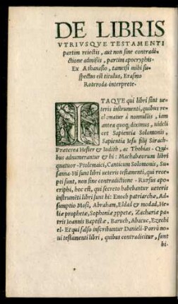De Libris Utriusque Testamenti partim reiectis, aut non sine contradictione admißis, partim apocryphis ...