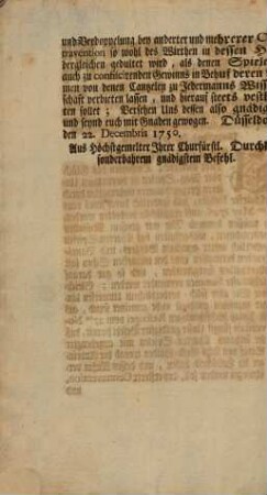 Von Gottes Gnaden Wir Carl Theodor Pfaltz-Graf bey Rhein, des Heil. Röm. Reichs Ertz-Schatzmeister und Churfürst, in Bayern ... Unseren gnädigsten Gruß zuvor: Liebe Getreue; Obwohlen das Glück- oder Wag-Spielen in hieruntigen Unseren Herzogthümeren mehrmahlen durch geschärfte Edicta, und sonderlich durch jenes vom 6ten May 1726. aufs ernstlichste verbotten worden, so müssen dannoch Wir mit grossem Mißfallen wahrnehmen, wasgestalten das Charten-Spielen sonderlich unter gemeinen Bürgers- und Baurs-Leuthen dermahlen ... fortgetrieben, und so gar darauf nahmhafte Summen verwendet werden ... : Düsseldorff den 22. Decembris 1750.