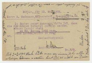 Postkarte von Rechtsanwalt W. Neumann an Raoul Hausmann mit handschriftlichem Zusatz von Hausmann. Berlin