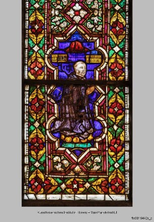 Fenster B-XIII-XV : Fenster XIV (Mitte) : Der heilige Papst Martin I. segnet den Stifter Kardinal Gentile da Montefiore