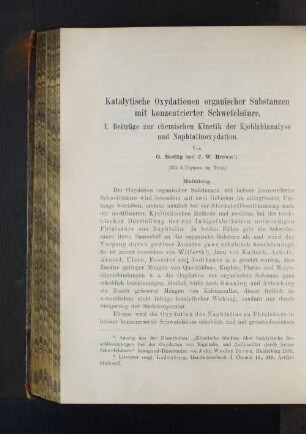 Katalytische Oxydationen organischer Substanzen mit konzentrierter Schwefelsäure. I. Beiträge zu chemischen Kinetik der Kjeldahlanalyse und Naphtalinoxydation