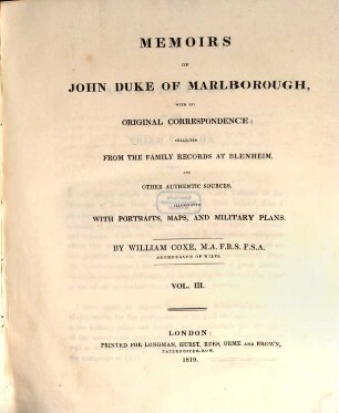 Memoirs of John Duke of Marlborough : with his original correspondence ; collected from the family records at Blenheim and other authentic sources, 3