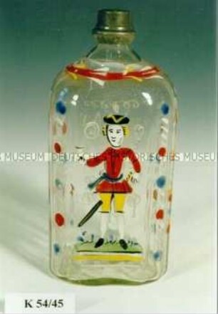 Flasche mit Zinnverschluss, Emailmalerei und Aufschrift "Vivat der Soldaten"