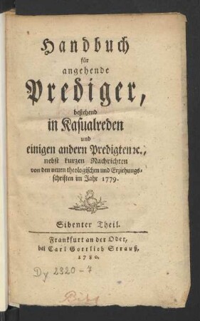 7. Theil (1779): Handbuch für angehende Prediger