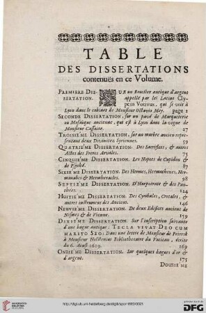 Table des dissertations contenuës en ce Volume