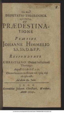 Disputatio Theologica Quinta, De Praedestinatione