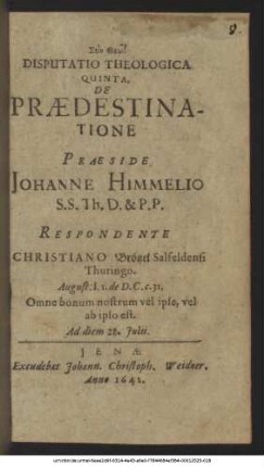 Disputatio Theologica Quinta, De Praedestinatione