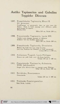 Antike Tapisserien und Gobelins Teppiche Diverses (Nr. 1307-1329)