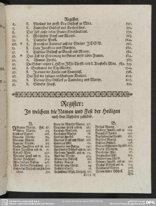 Register, In welchem die Namen und Fest der Heiligen nach dem Alphabet zufinden