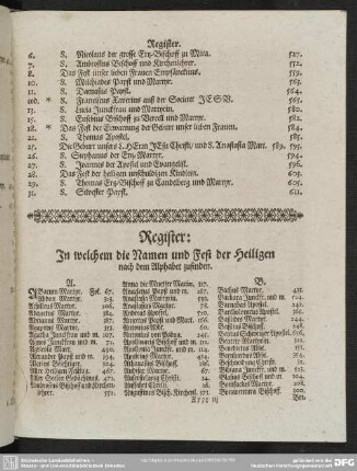 Register, In welchem die Namen und Fest der Heiligen nach dem Alphabet zufinden