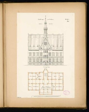 Rathaus, Calau Monatskonkurrenz März 1879: Grundriss Keller, Aufriss Rückansicht; Maßstabsleiste