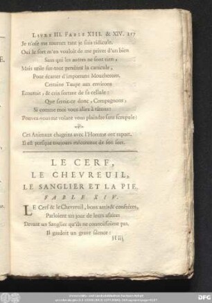 Le Cerf, Le Chevreuil, Le Sanglier Et La Pie. Fable XIV.
