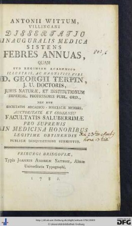 Antonii Wittum, Villingani Dissertatio Inauguralis Medica Sistens Febres Annuas