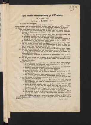 Die Volks-Versammlung zu Offenburg am 19. März 1848 hat folgende Beschlüsse gefaßt