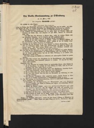 Die Volks-Versammlung zu Offenburg am 19. März 1848 hat folgende Beschlüsse gefaßt
