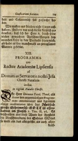 XIII. Programma quo Rector Academiae Lipsiensis ad Domini ac Servatoris nostri Jesu Christi Natalitia invitat.