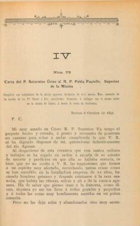 Núm. 73. Carta del P. Saturnino Úrios al R. P. Pablo Pastells, Superior de la Misión