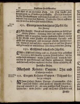 Zwölffter Absatz. Allerhand Kräuter/ Suppen/ Thee und Sultzen zu machen