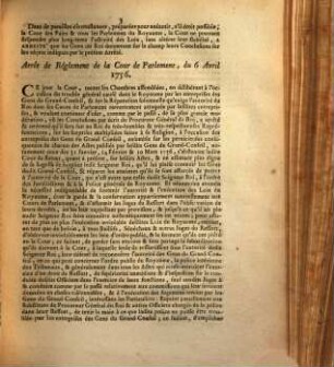 Arrêtés & Arrêt de la Cour de Parlement : Du Mardi 6 Avril 1756.