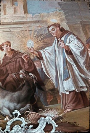 Die Bekehrung eines Juden durch den heiligen Antonius von Padua: ein Esel kniet vor der Hostie nieder