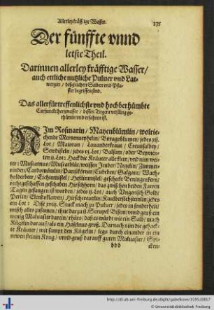 Der fünffte und letste Theil / Allerley kräfftige Wasser.