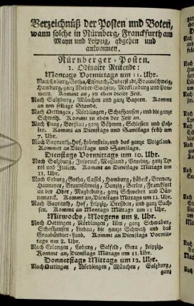 Verzeichnüß der Posten und Boten, wann solche in Nürnberg, Franckfurth am Mayn und Leipzig, abgehen und ankommen