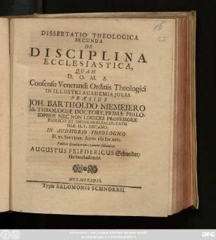 Dissertatio Theologica Secunda De Disciplina Ecclesiastica