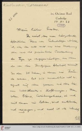 Nachlass Gustav Radbruch. Korrespondenz Hermann Kantorowicz/Gustav  Brief von Hermann Kantorowicz an Gustav Radbruch