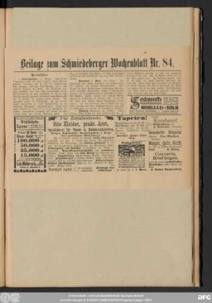 Schmiedeberger Wochenblatt, Beilage zum Schmiedeberger Wochenblatt Nr. 84.
