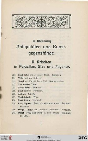 II. Abteilung. Antiquitäten und Kunstgegenstände (Nr. 230-640)