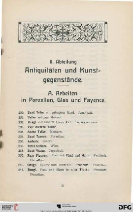 II. Abteilung. Antiquitäten und Kunstgegenstände (Nr. 230-640)