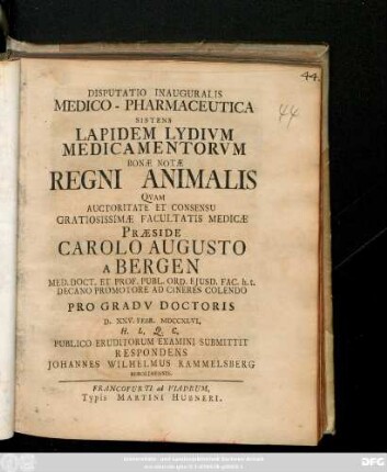 Disputatio Inauguralis Medico-Pharmaceutica Sistens Lapidem Lydivm Medicamentorvm Bonæ Notæ Regni Animalis