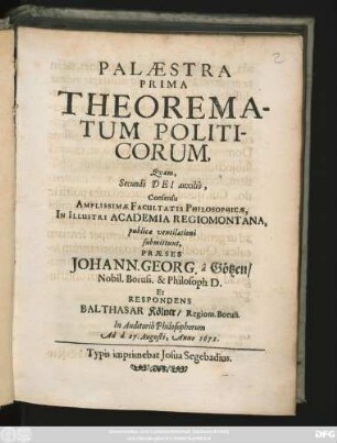 Palaestra Prima Theorematum Politicorum